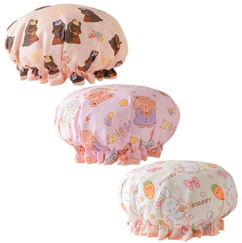 3 StüCk Duschhaube Damen Stretch-Gummiband Doppelschicht Wasserdicht Badehaube Damen Gute Nacht BäR, Sternenhase, Geburtstag Dobermann Shower Cap Zum Baden, Hautpflege Und Make-Up, Kochen, Hausarbeit