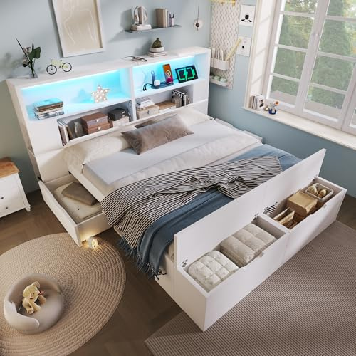 Merax Kinderbett 140x200cm mit LED & Ladefunktion, Holzbett Doppelbett mit Schubladen & Bettbank, Kopfteil mit Stauraum, Stauraumbetten Bettgestell mit Lattenrost, Jugendbett für Jungen Mädchen, Weiß