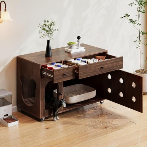 Meuble Litiere pour Chat Mobile,Meuble Bac à Litière Chat,Buffet avec Plaque de Tamisage Amovible,2 Tiroirs,2 Ouvertures,Conception Respirante,sans bac à litière,100x45x66cm (Noyer)