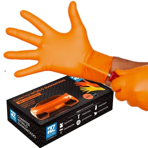 RZ TOOLS Guantes de Nitrilo Desechables Naranja | Guantes Extra Gruesos con Textura Diamante | Guantes para Taller y Montaje de Alta Resistencia Desechables | Tamaño S, L, M y XL (50, S)