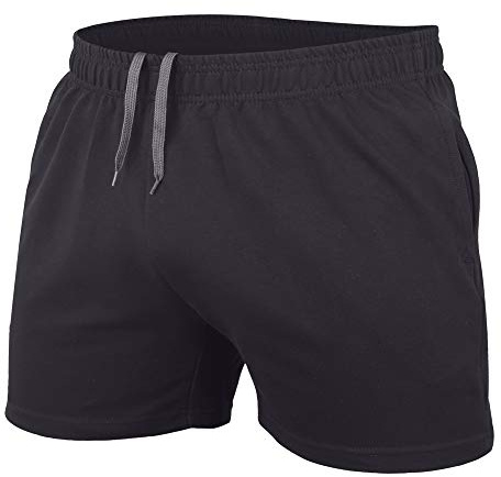 JEEING GEAR Men's Bodybuilding Workout Gym Shorts 5 Inseam Sports Cotton with Pocket Black Color Size M