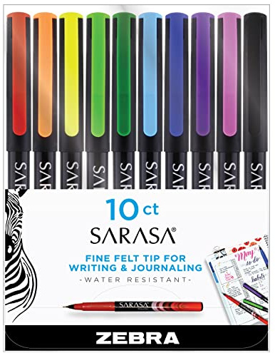 Zebra Pen, SARASA Fineliner Felt Tip Pens, 0.8mm Porous Point, Assorted Colors, Archival Quality, Acid Free, Fast-Drying Ink, Smooth Writing for Notes, Planners, and Journals, 10-Pack (67101)