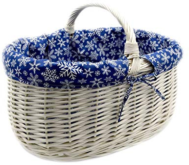 MyBer® Einkaufskorb Weidenkorb Stabiler Tragekorb Korb aus Weide geflochten weiß groß mit Stoffeinlage blau weiße Sterne 50/32/22cm (31 mit Henkel) K1-605-W-SBWW