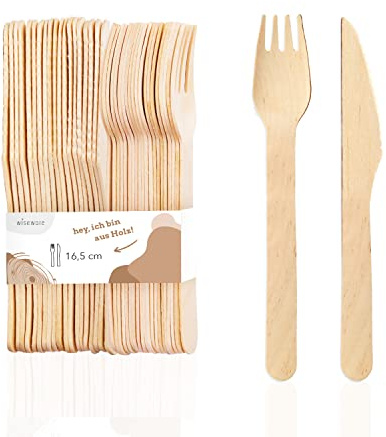 wisefood Juego de cubiertos desechables de madera de abedul, 1 juego, 10 tenedores de madera, 10 cuchillos de madera de 16,5 cm, cubiertos desechables de 20 piezas de 16 cm