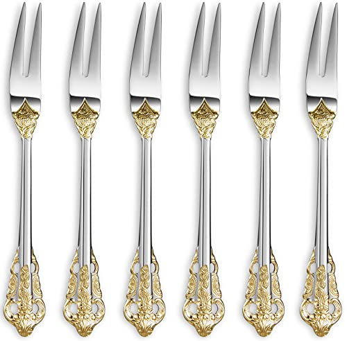 KEAWELL Luxury 6.3 Food Fork/Seafood Forks 18/10 Stainless Steel, Set of 6, Fruit Picks/Cocktail Forks/Charcuterie Accessories/Cocktail Picks for Appetizer, Cocktail, Pastry, Dessert (Gold Accent)