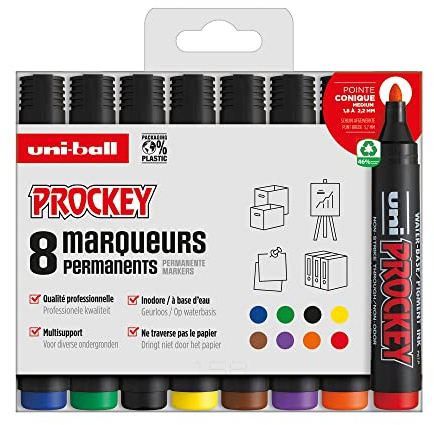 Uni Prockey - UNI-BALL - Uni Mitsubishi Pencil - Marqueur Permanent Inodore PM122 - Multisupport, Base Eau, Sans Odeur - Pointe Conique Moyenne 1,2-1,8 mm - Emballage Zéro Plastique, Lot de 8 Couleurs