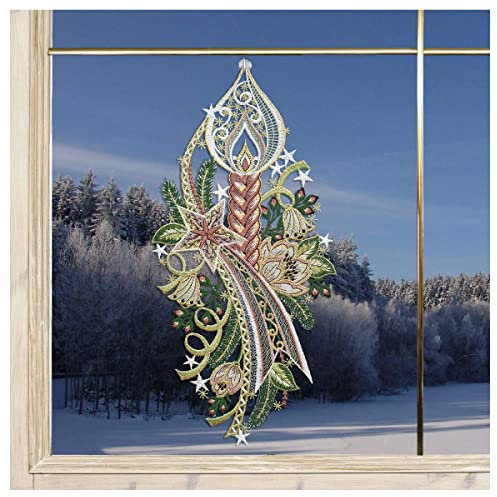 DSD Design-Studio Drechsler Advents-Fensterbild Kerze mit Stern rosé Fenster-Dekoration Weihnachten aus Plauener Spitze mit Blumen 38x19 cm