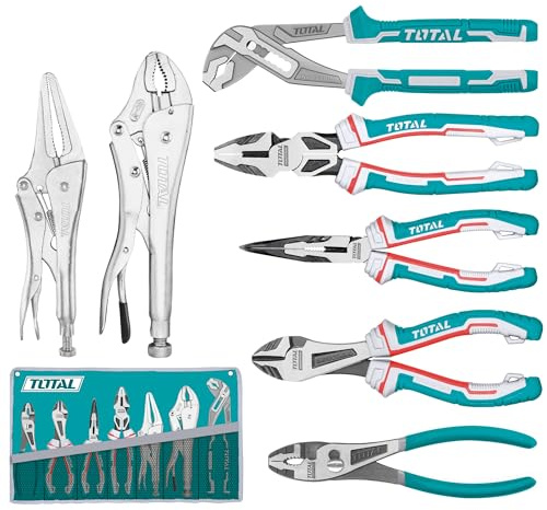 TOTAL - Juego de 7 Alicates, Tenazas y Mordazas | 1 Tenaza | 4 Alicates | 2 Mordazas | Mango Ergonómico Bimaterial | Acero al Carbono