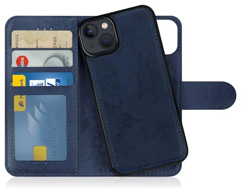 MyGadget Flip-fodral för iPhone 14 - [avtagbart magnetfodral] - mobilfodral av konstläder - [flipfodral med kortplats] skyddsfodral i mörkblått