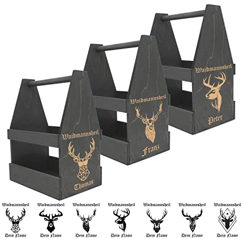 Bierträger Waidmannsheil mit Namen personalisiert, Flaschenträger in SCHWARZ mit Hirschkopf, Flaschenträger mit Geweih, Männerhandtasche Geburtstagsgeschenk, Biergeschenk Vatertag Sixpack aus Holz