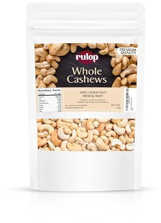 Rulop Raw Whole Cashews 1kg, Unroasted and Unsalted Nuts Perfect for Snacking or Baking, Packed in a Resealable Pouch to Maintain Freshness