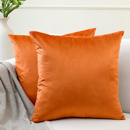 Encasa XO Kuddfodral i sammet, set om 2 (50 x 50 cm) – orangefärgade, mjuka och släta, tvättbara, fyrkantiga, stora kuddöverdrag för soffa, stol, säng och vardagsrum