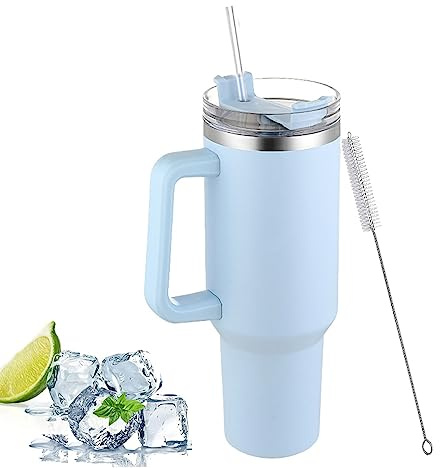 40oz Isolierte Tasse mit Stroh und Griff Deckel, Wiederverwendbare Edelstahl Auto Kaffee Tasse Doppelwandig Tragbarer Autotumbler für Kalte und heiße Getränke (Blau)