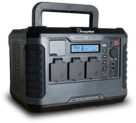 KnappWulf KW1800 tragbare Power Station Genertor Stromerzeuger 1466Wh/1800W (Spitze 3600W) 3 AC, vollgeladen in 2 Stunden, reine Sinuswelle, 2x USB-A Ausgang, 1 Solareingang max 200W