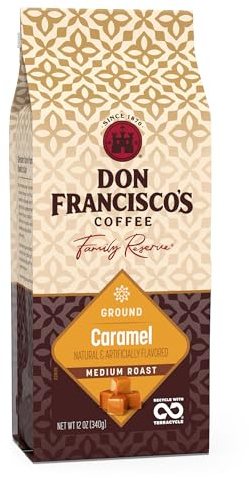 Don Francisco's Café molido de caramelo, tostado medio, sabor 100% arábica, bolsa de 12 onzas, café premium para goteo, vertido y prensa francesa