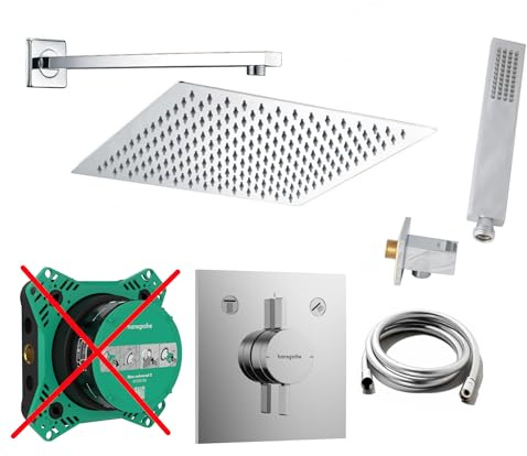 vanvilla Duschsystem Unterputz mit Duscharmatur Hansgrohe poliert HG201-ob | Duscharmatur von Hansgrohe DuoTurn E und vanvilla Regendusche Duschkopf eckig, Dusch-SET poliert