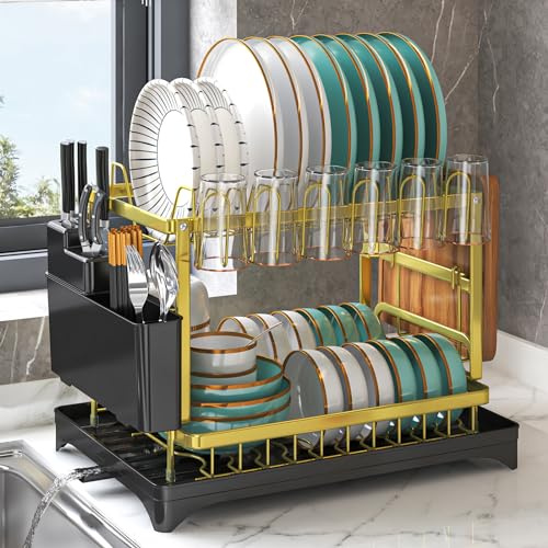 Dish Drying Rack Gold, Multifunctional Dish Racks for Kitchen Counter with Drainboard 2 Tier Dish Drainer Large Capacity for Knifes/Cup/Cutting Board