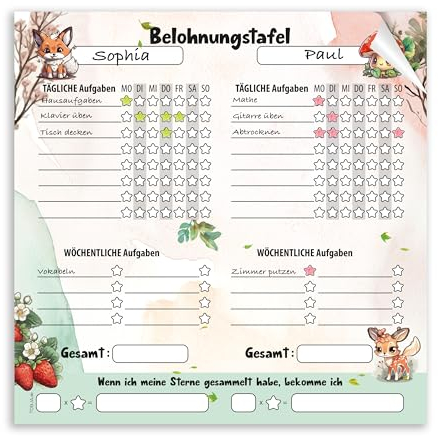 TOBJA Belohnungstafel Kinder im Waldtiere Design – Für Zwei Kinder XL 30 x 30 cm | Motivationshilfe & Struktur im Alltag | Für Jungs und Mädchen, Wochenplaner, Abreißblock 25 Blatt