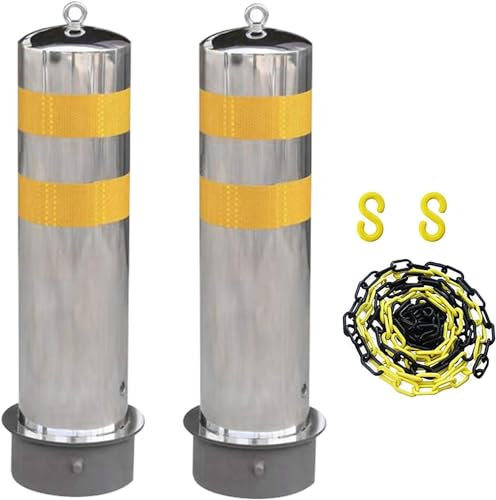 CCKUHN Sicherheitspfosten für Einfahrten, Reflektorband, 5 m Lange Absperrkette und 2 Parkpfosten aus Edelstahl mit Aufhängering (Silber, 600 mm × 159 mm)