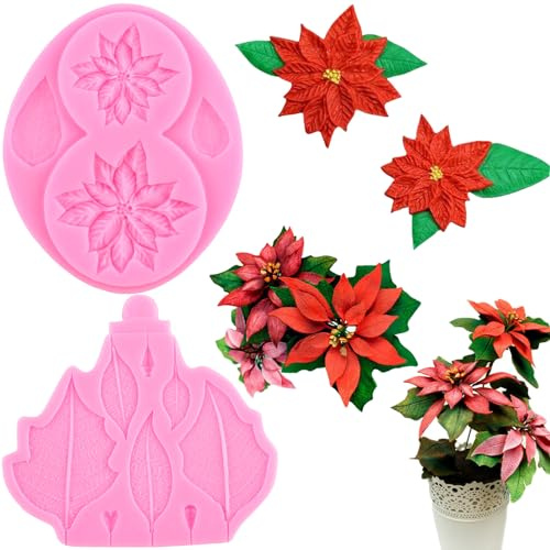 RFGHAC Flower Pro Lot de 2 moules en silicone Poinsettia Veiner Fondant Moule Poinsettia Fleur Feuilles Bonbons Moule pour Sucre Gâteau Cupcake Chocolat Pâte Polymère