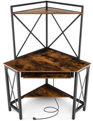 GYMAX Eckschreibtisch, Computertisch mit Tastaturablage, Steckdosen & USB-Anschlüssen, Schreibtisch, kompakter Bürotisch für kleine Räume, 80 x 80 x 145 cm (Rustikales Braun)