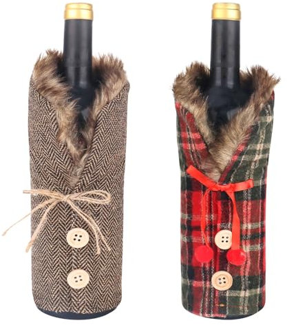 XTDMJ 2 Stück Flaschentüten Weihnachten, Weintüten Weihnachten Kleid mit Kunstpelzkragen und Flaschentasche im Knopfjacken-Design, Weinflaschentaschen für Weihnachtsparty-Dekorationen