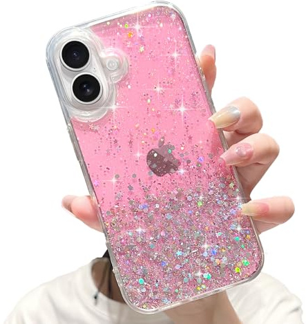 LCHULLE Glitter Cover per iPhone 16 Brillante Silicone Custodia,Rosa | Trasparente Cover con Brillantini,Glitter Custodia Antiurto Protettivo,Clear Case TPU Cover per Ragazze e Donne