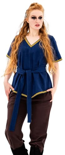Leonardo Carbone® Damblus, vikingaunika, matilda | V-ringad med kant | integrerat bälte | karneval, halloween, cosplay, LARP, tunika, topp, kostym | 100 % bomull, blå, XL