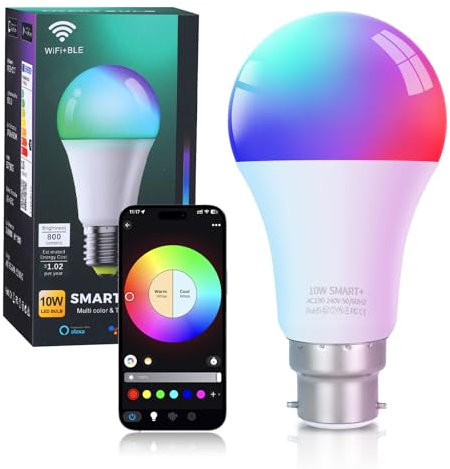 FRIDEKO HOME Smart Light Bulb - WiFi Bayonet Light Bulbs, LED Color Changing Light Bulb Work with Alexa and Google Assistant, 10W B22 RGBCCT Dimmable Lightbulbs, 800LM