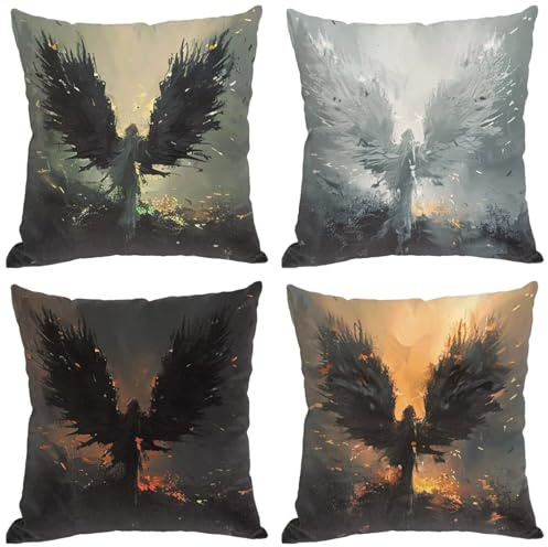 Outdoor Cushions 45 X 45 CM Set of 4 Angel Cushion Covers Wings Square Pillow Cases with Invisible Zipper Design Waterproof Linen Sofa Pillow Covers for Garden Patio Bench Chair Outdoor Home Decor S-3