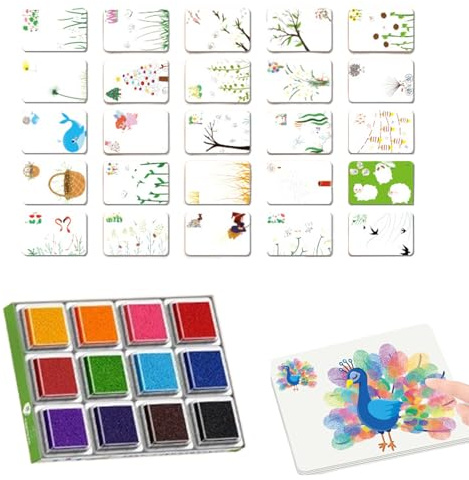 Sponge Finger Painting Set - Washable Finger Paint Set for Kids | Funny Colorful Drawing Supplies with 12 Colors Ink Pads & 25 Drawing Cards for Craft Art Card Making (A)