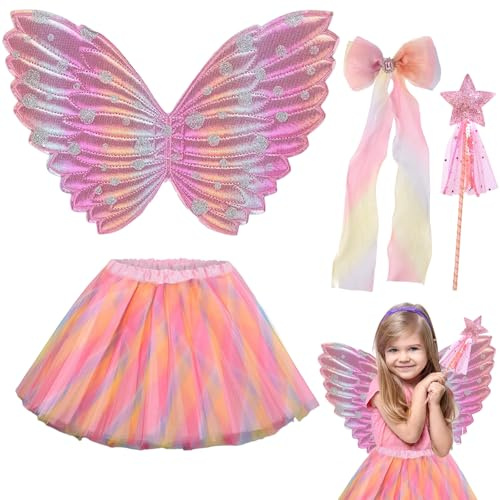 UxClishe 4 Pcs Fairy Costume Set for Girls, Butterfly Wing Fancy Dress Outfit with Tutu Skirt Magic Wand Bow Hairpin Kids Fairy Wings Angel Princess Costume for Kids Party Dress Up