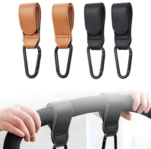 4Pcs Black Pram Hooks, Crochet Poussette Pram Bag Hook Mousqueton Attache Poussette Accessoire Poussette Carabiner Leather Style for Hanging Bags Pushchairs Universal Multifunction Accessories