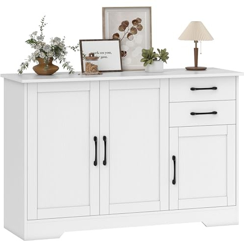 HOMCOM Buffet Salon, Meuble de Rangement avec 3 Portes, 2 tiroirs et étagère réglable, Style Moderne, Buffet Salle à Manger et Cuisine, 120 x 38 x 79 cm, Blanc