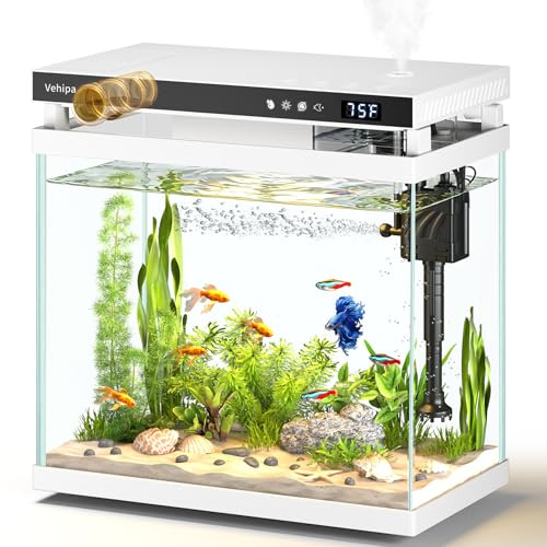 Vehipa Fish Tank Aquarium, kit acquario da 8 litri con alimentatore automatico, pompa dell'acqua, display della temperatura, umidificatore e illuminazione a 7 colori, per l'ufficio e la casa - Bianco