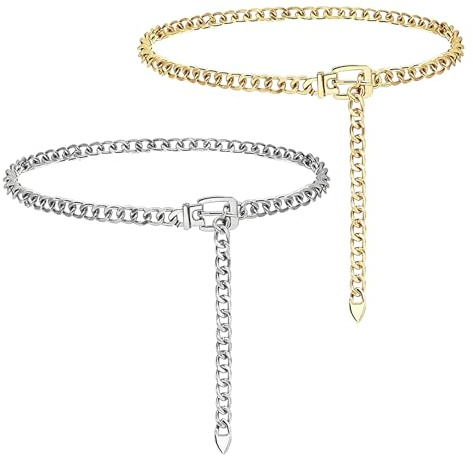 2 Pcs Silver Chain Belt | Homiladi Adjustable Waist Chain for Women's Dresses & Jeans | Waist Chain Belts for Girls | Weave Body Link Belts & Belt Buckle Type Jewelry Belly Chain for Pants