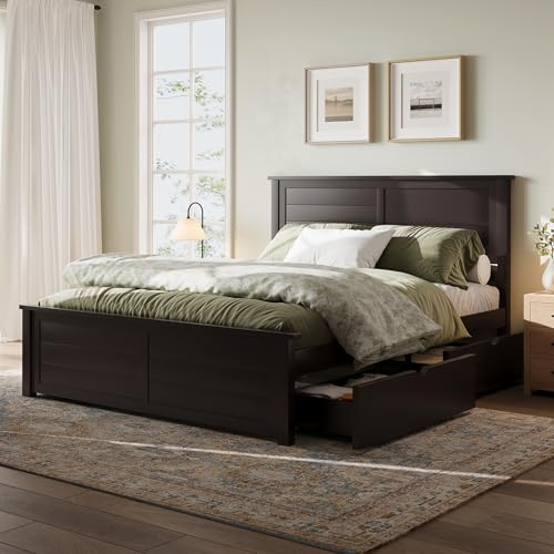 AMERLIFE Full Size Wood Bed Frame with Headboard, Platform Bed with 4 Storage Drawers, Wood Slats Support, Bed Frame for Bedroom, Espresso