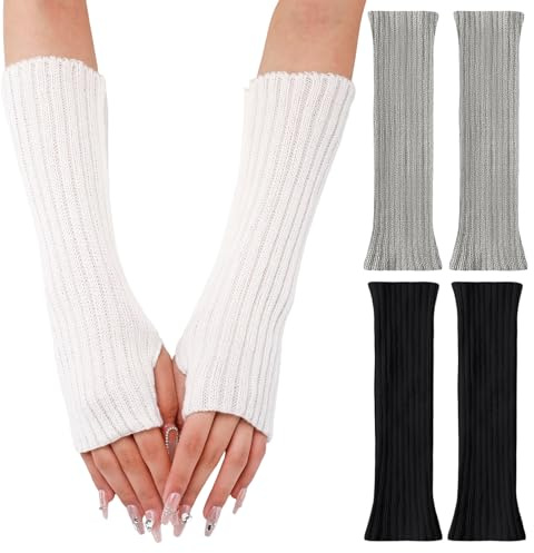 SIWOKJJO 3 Paar Damen Winter Armstulpen, Thermo Gestrickt Fingerlos Armwärmer, Damen Winter Stulpen Arm Lange Handschuhe Ohne Finger