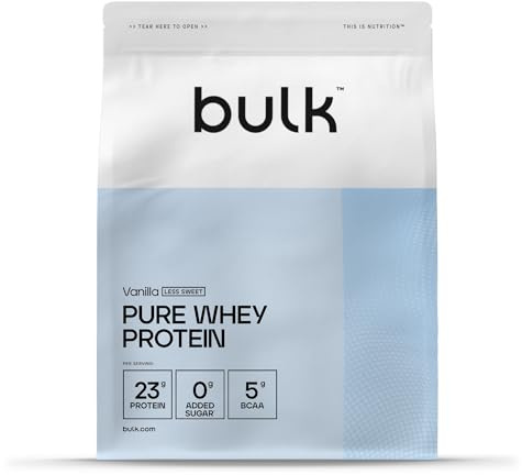 Bulk Pure Whey Protéine en Poudre Moins Sucré, Vanille, 23g de Protéines et 5g de BCAA par Dose, Shake de Whey Concentrée, Faible en Sucre, Soutient la Croissance et la Récupération Musculaire, 500g