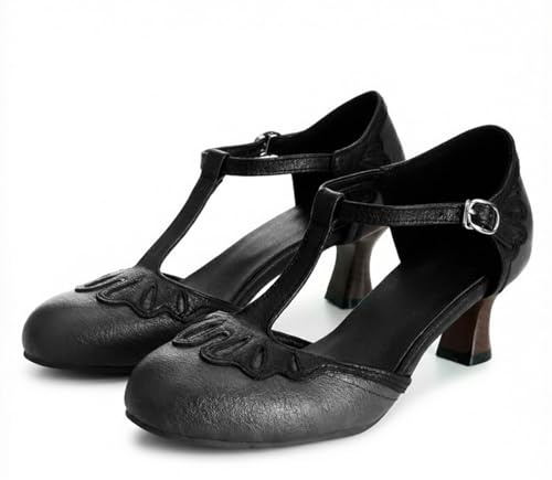 Dam vintage T-rem Mary Jane pumps kattunge häl rund tå två toner brogue utklipp klänning skor retro åskådare domstol klackar för fest och vintage outfit, Svart, 49 EU