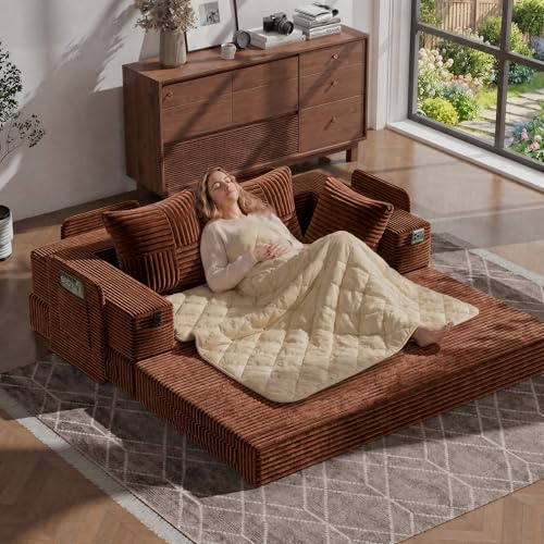 Fabulcozy 2en 1 Canapé-Lit avec Accoudoirs de Rangement – Velours Côtelé Haut de Gamme, Design Compact pour Studio & Salon, Couverture Amovible et Lavable Inclus
