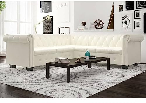 sephironlbb Chesterfield-Ecksofa 5-Sitzer Kunstleder Weiß, Polstergarnitur mit Ottomane, Federkern, Liegefunktion, Relaxfunktion und Bettkasten, Wohnlandschaft für Wohnzimmer und Gästezimmer
