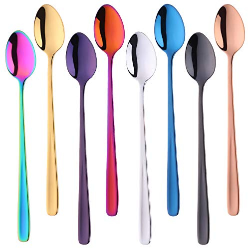 SBOMHS Latte Macchiato Löffel 18/10 Edelstahl Bunt Kaffeelöffel Langer Stiel Dessertlöffel 20 cm Longdrinklöffel 8 Stück