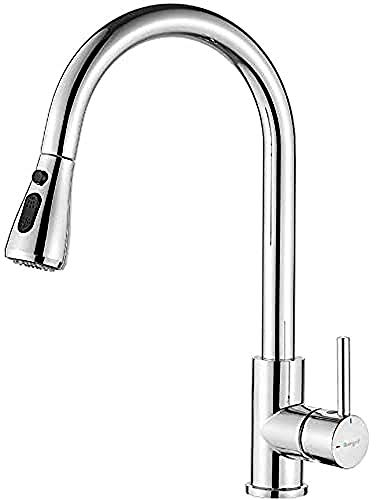 Ibergrif M22136 Rubinetto da Cucina Monocomando in Acciaio Inossidabile con Doccetta Estraibile, Beccuccio Girevole a 360° e Risparmio Idrico, Alta Pressione, Adatto per Lavello Cucina, 3/8 Pollici