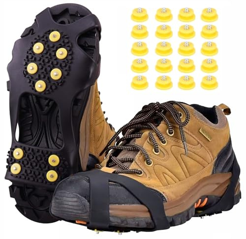 Ice Grips for Shoes and Boots, Snow Crampons Non Slip Gripper Spikes 10 Studs Ice & Snow Grips for Shoes Winter Ice Grippers Crampons for Hiking Boots, Shoe Snow Grips with 20 Replace Studs(M)
