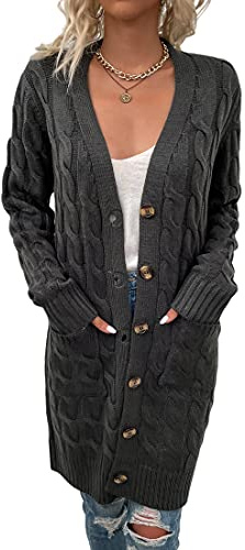 Avondii Långärmad damkofta med knappar lång kofta oversize grovstickad jacka, Mörkgrå, XL