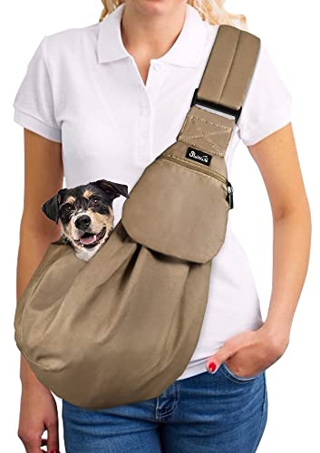 SlowTon Hundetragetasche, Haustier Hundetasche mit verstellbarem, gepolstertem Schultergurt und Fronttasche Tragetasche Hund für Spaziergang Aktivitäten im Freien und Ausflüge(Braun-Wasserdicht)
