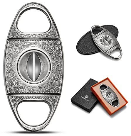 CIGARLOONG Coupe-Cigare Coupe en V Lame Guillotine à cigare sculptée avec boîte cadeau(Argent)