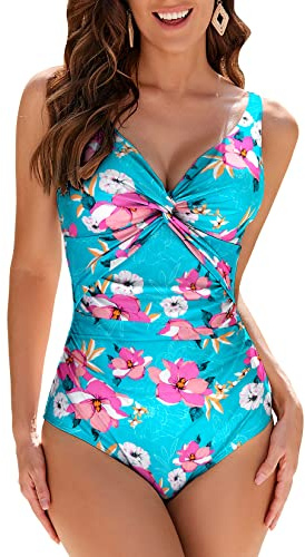 WIN.MAX Damen Badeanzug Bauchweg V-Ausschnitt Push Up Einteilige Bademode | Figurformend mit Cups Raffung Retro Große Größen Schwimmanzug