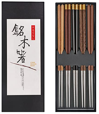 AKONEGE Palillos reutilizables de acero inoxidable para empalme de madera, palillos de metal alargados, palillos japoneses coreanos, juego de regalo de 5 pares, 9.8 pulgadas